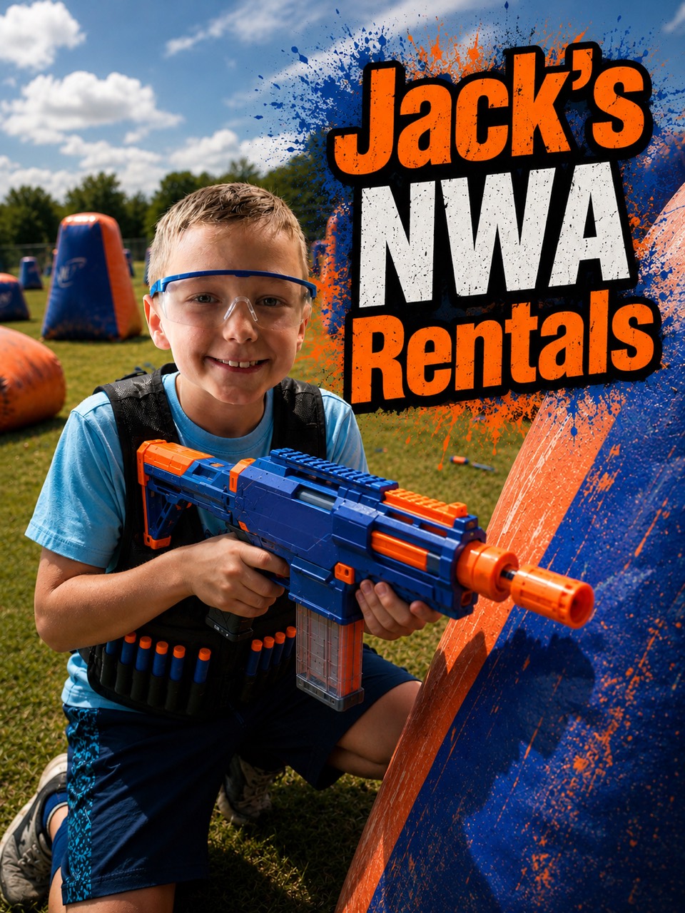 Young player with foam blaster at an inflatable battlefield